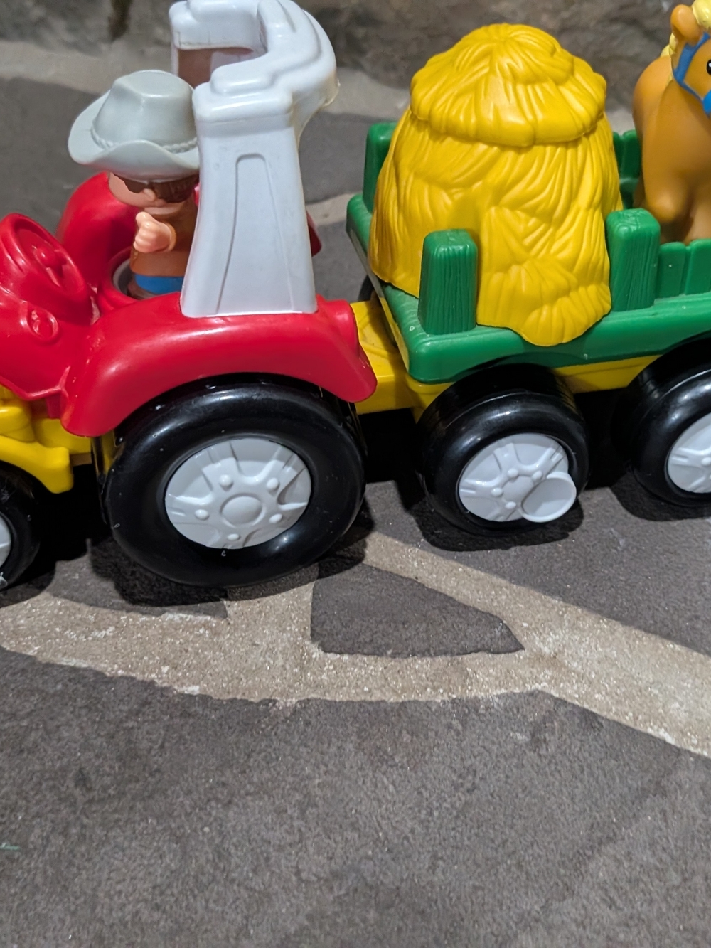 Fisher-Price Red and Green Farm Tractor with Yellow Hay Wagon